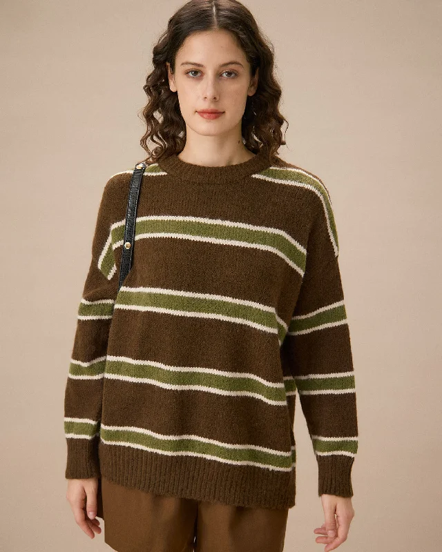 Brown Drop Shoulder Striped Sweater