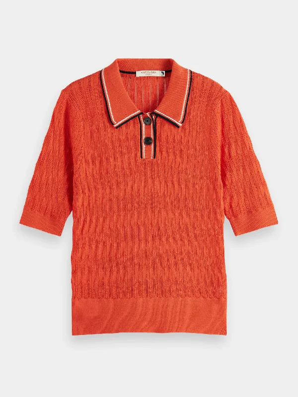 Pointelle collared knitted polo shirt