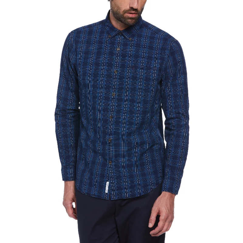 Cotton Indigo Plaid Print Button-Down Shirt