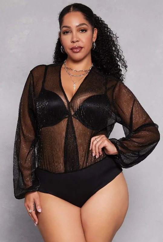 Plus Size Lurex Surplice Bubble Sleeve Bodysuit