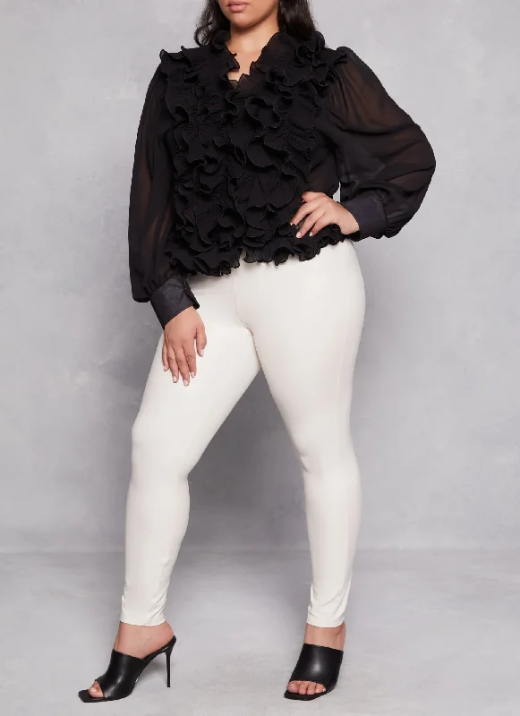 Plus Size Plisse Ruffle Chiffon Blouse