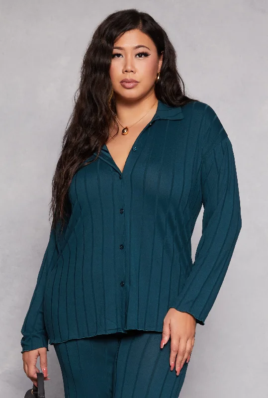 Plus Size Ribbed Button Front Blouse