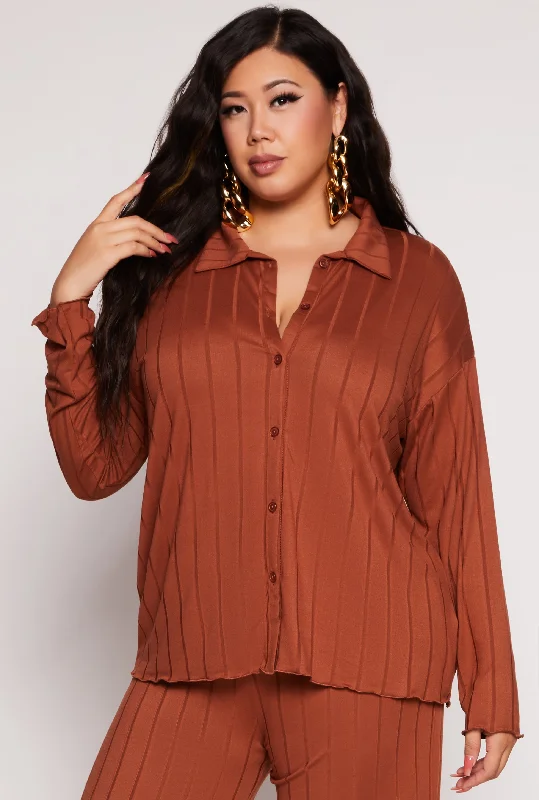 Plus Size Ribbed Button Front Blouse