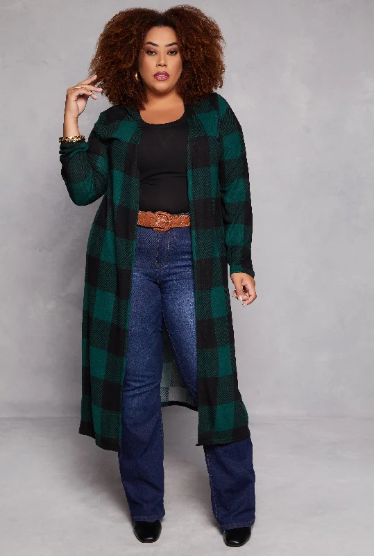 Plus Size Plaid Open Front Duster