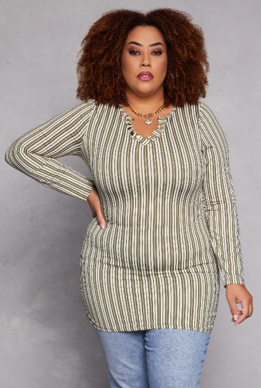 Plus Size Striped Snap Button Notch Neck Top