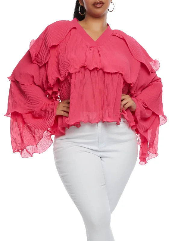 Plus Size Plisse Ruffled Tiered Bell Sleeve Blouse