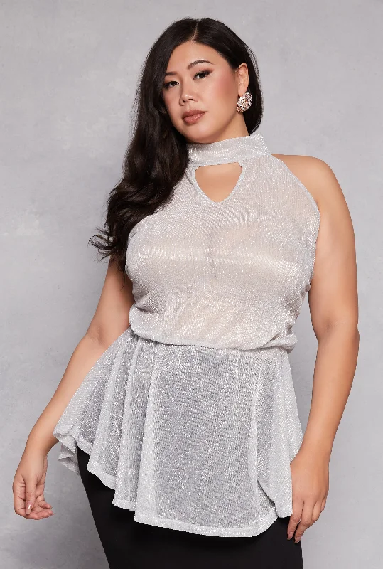 Plus Size Lurex Cut Out Sleeveless Blouse