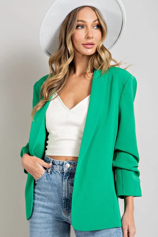 Plus Size Kelly Green Blazer no button with sleeve ruching