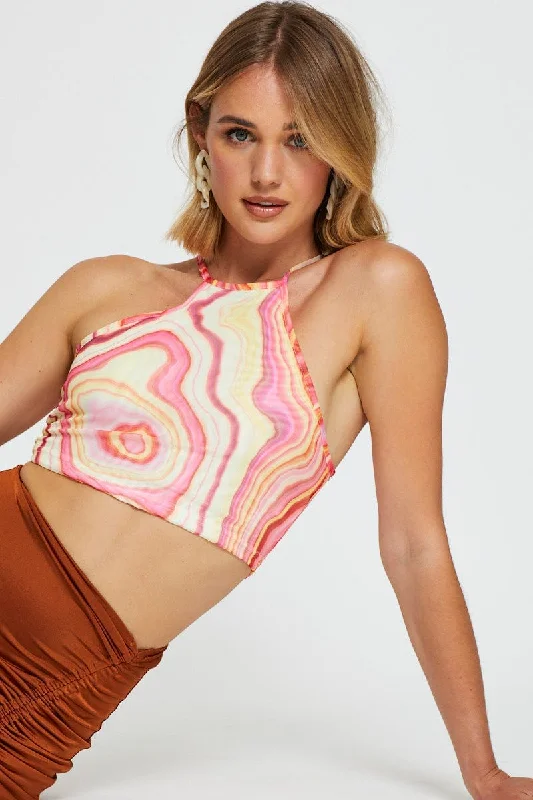 Abstract Print Crop Top Halter Neck