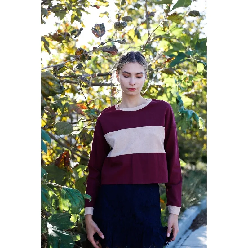 Burgundy Colorblock Long Sleeve Crop Top