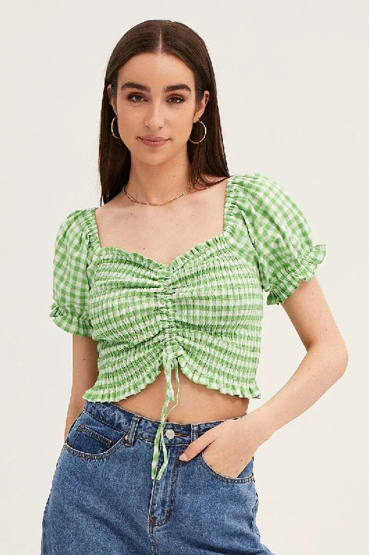 Check Crop Top Short Sleeve Ruched Front