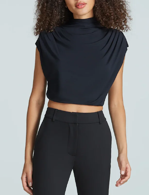 Butter Draped Mockneck Short Sleeve Crop Top, Black