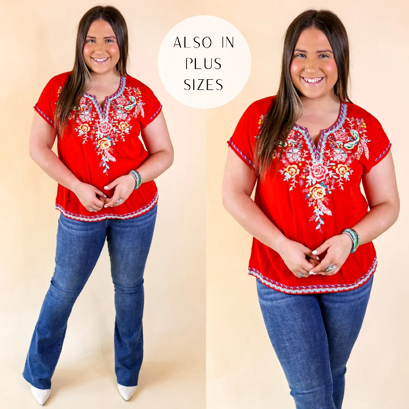 Desert Bloom Embroidered Short Sleeve Top in Red