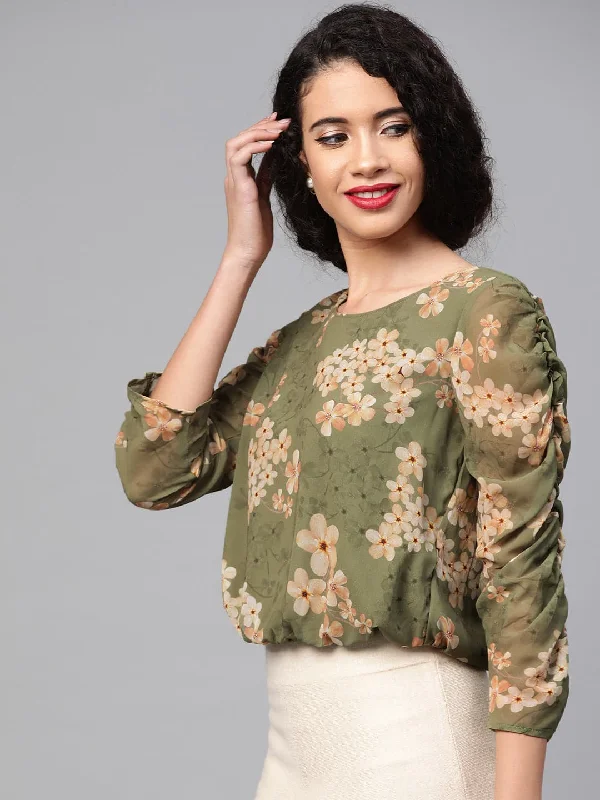 Moss Green Floral Rouched Sleeves Crop Top