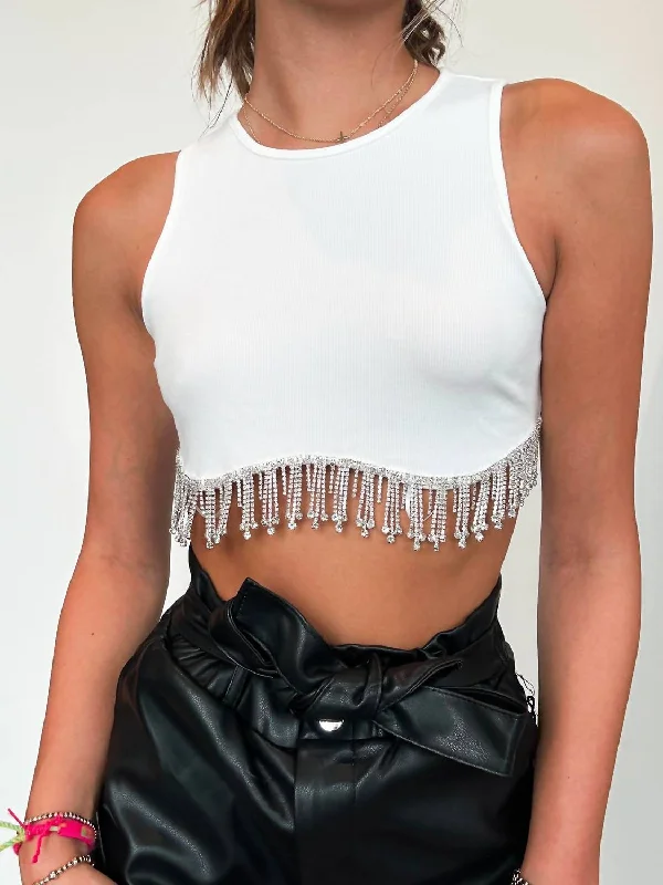 Rhinestone Sleeveless Crop Top In White