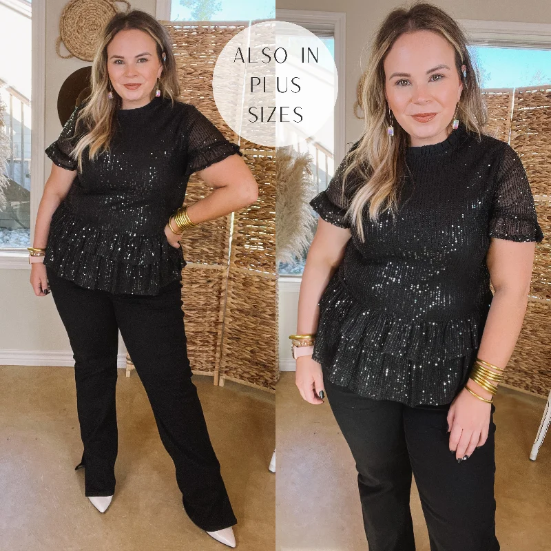 Catching Glances Sequin Short Sleeve Double Ruffle Peplum Top in Black