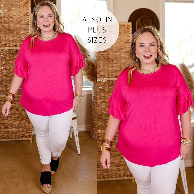 Set The Standard Solid Short Sleeve Top with Ruffled Sleeves in Fuchsia Pink