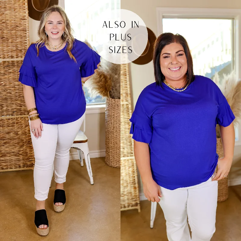 Set The Standard Solid Short Sleeve Top with Ruffled Sleeves in Royal Blue