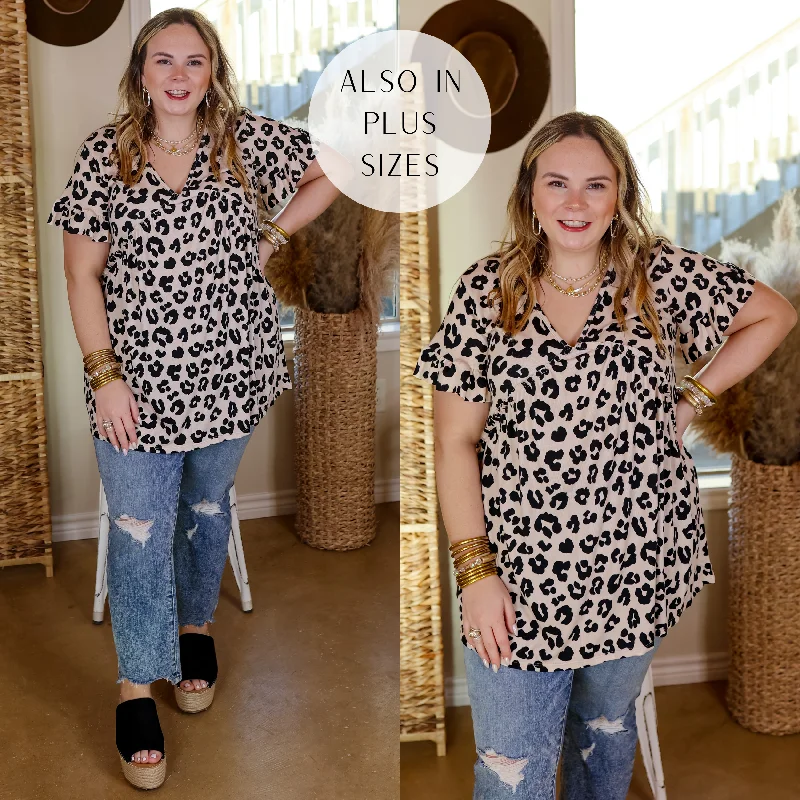 Upon Request Ruffle Detailed Short Sleeve Babydoll Top in Leopard Print