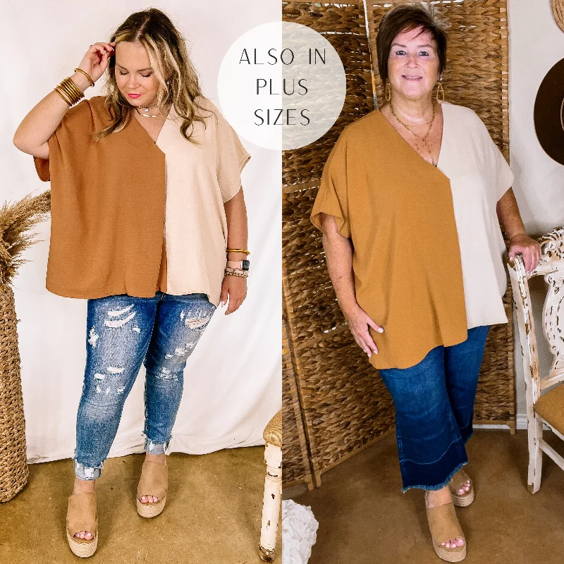 Last Chance Size XL | Weekend Out V Neck Placket Color Block Short Sleeve Top in Beige and Clay Brown