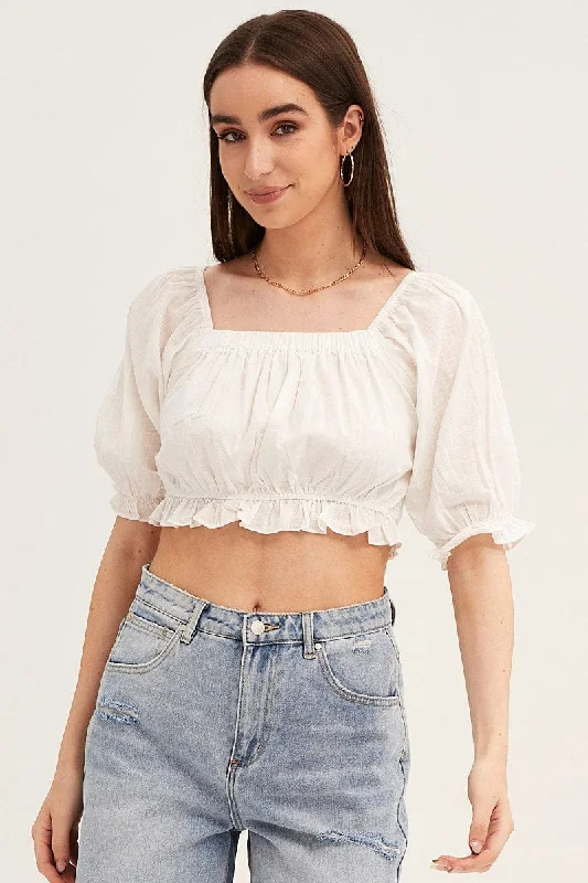 White Crop Top Puff Sleeve Frill Edge